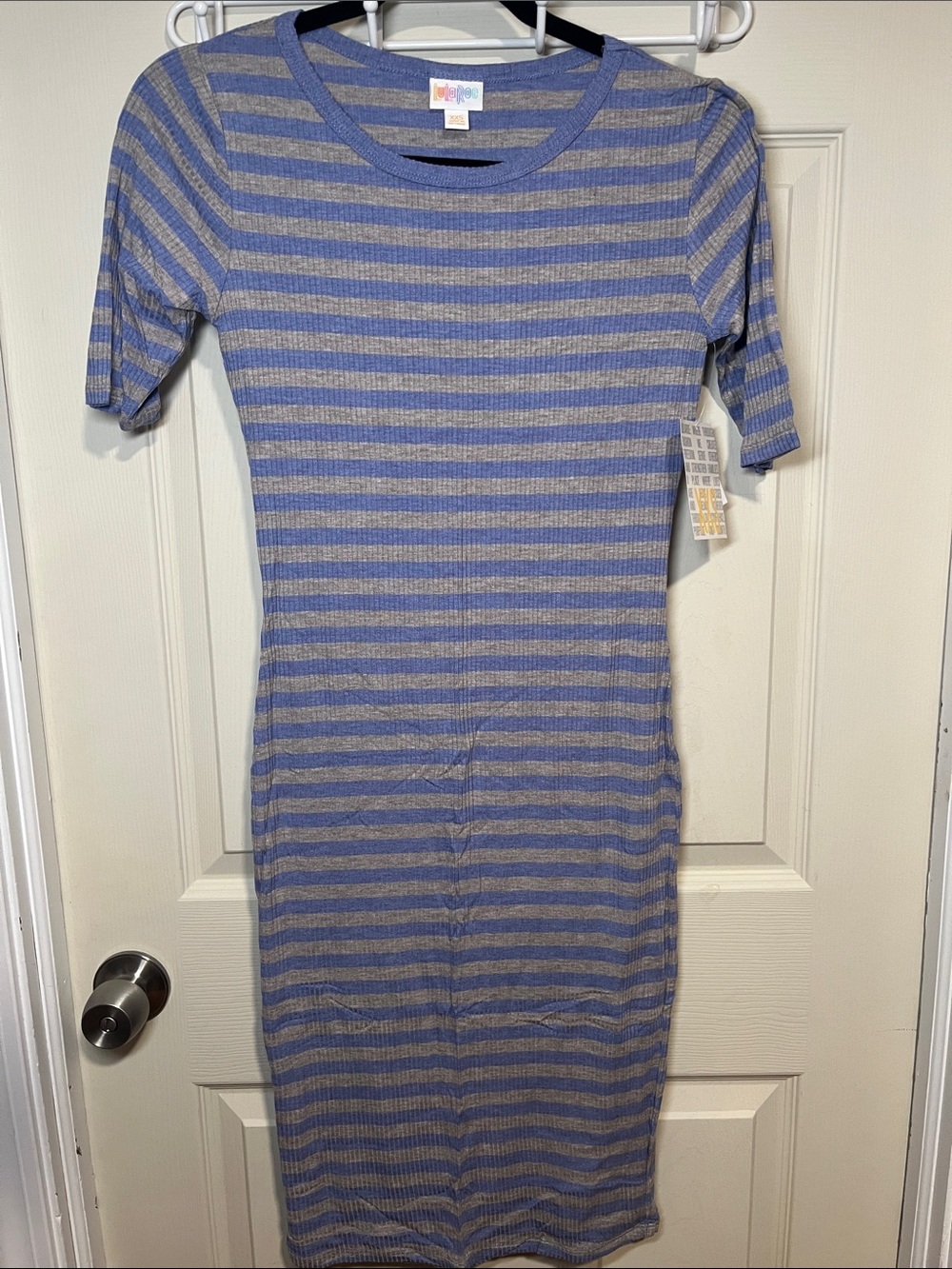 LuLaRoe Blue and Gray Striped Ribbed Midi Dress